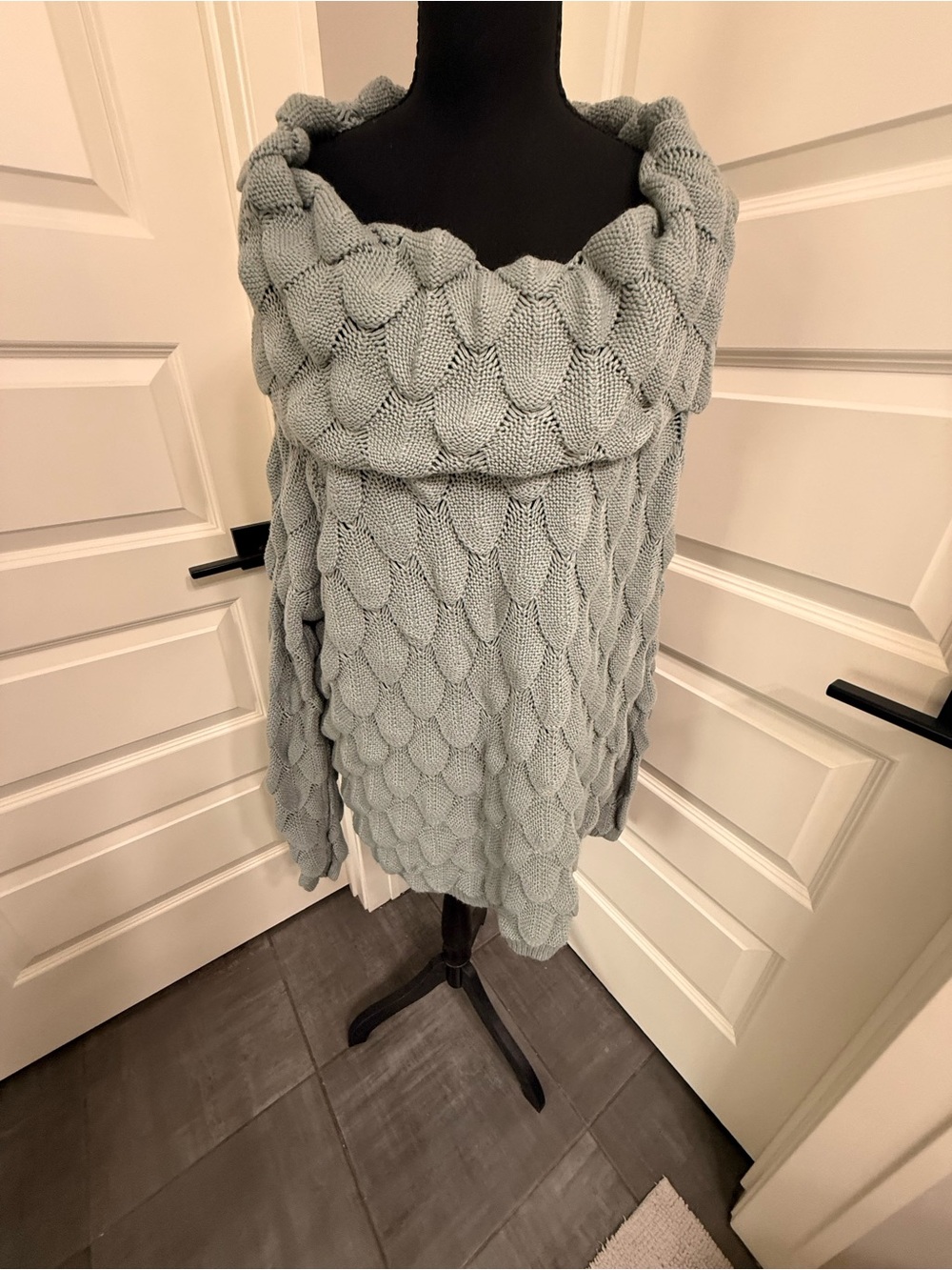 Chunky Light Slate Bluish Gray Cable Knit Off-Shoulder Women's Sweater